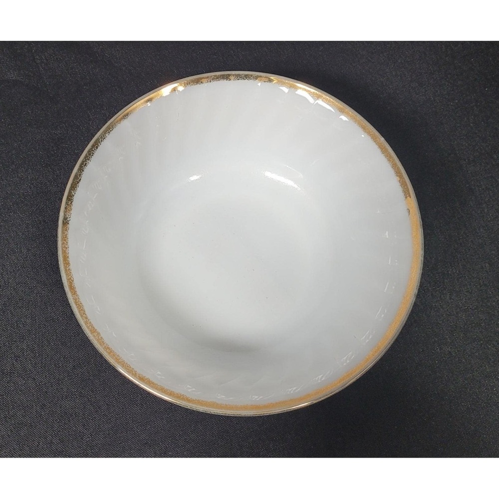 Fire King White Milk Glass Serving Bowl 8 inch Swirl Pattern Gold Trim VTG 1950s